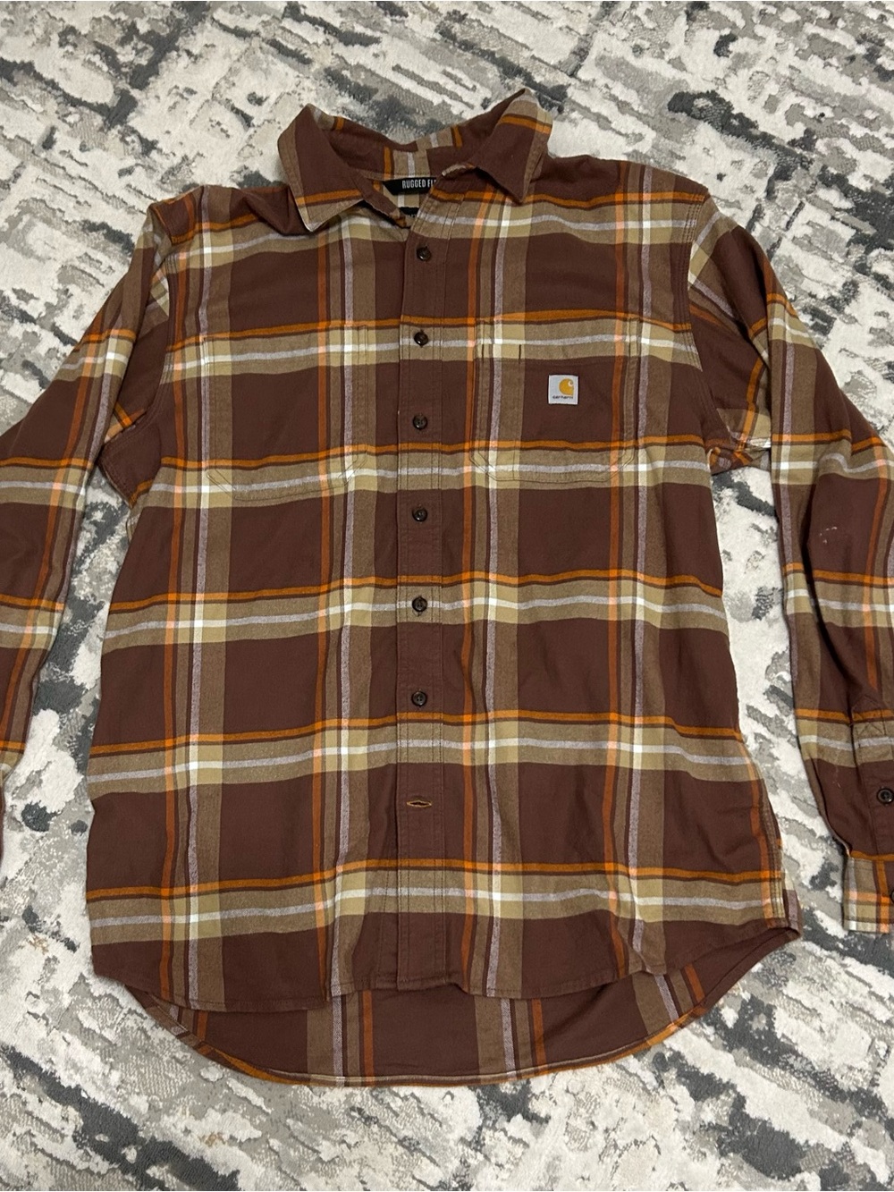 Carhartt Brown Plaid Button-Up Shirt with Tan and Orange Stripes